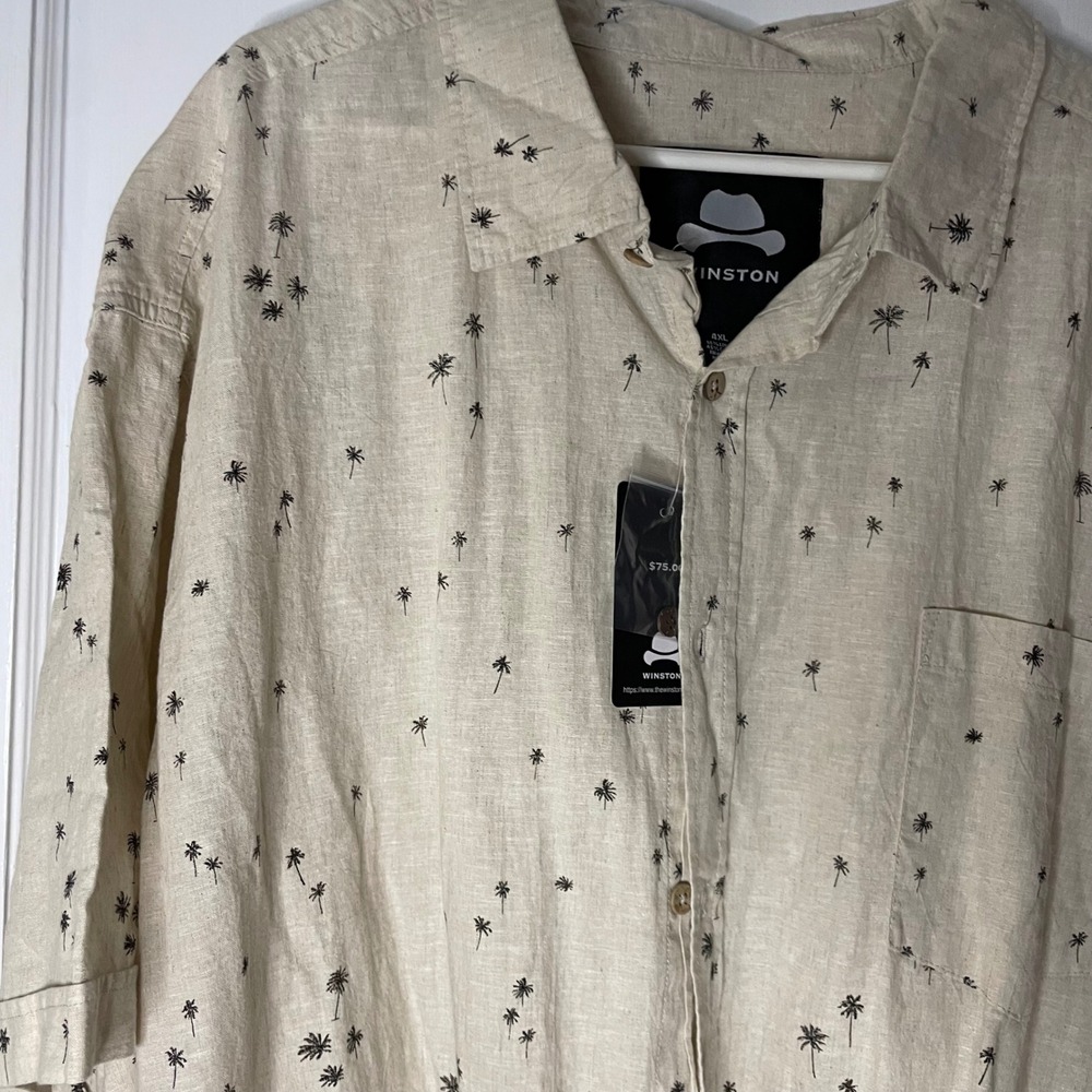 Winston Palm Tree Print Shirt‎ Mens 4XL Button Up Short Sleeve Beige Linen